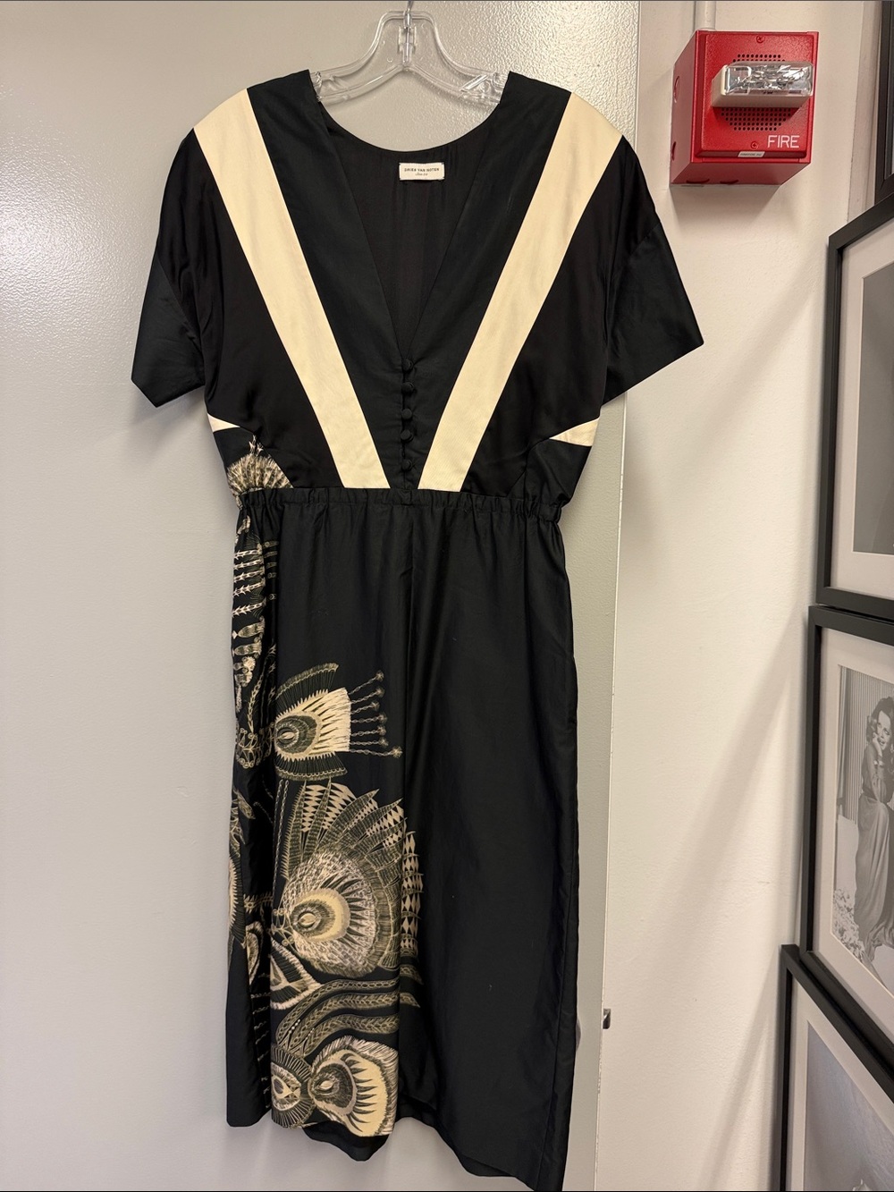 Dries Van Noten Black and Cream V-Panel Midi Dress